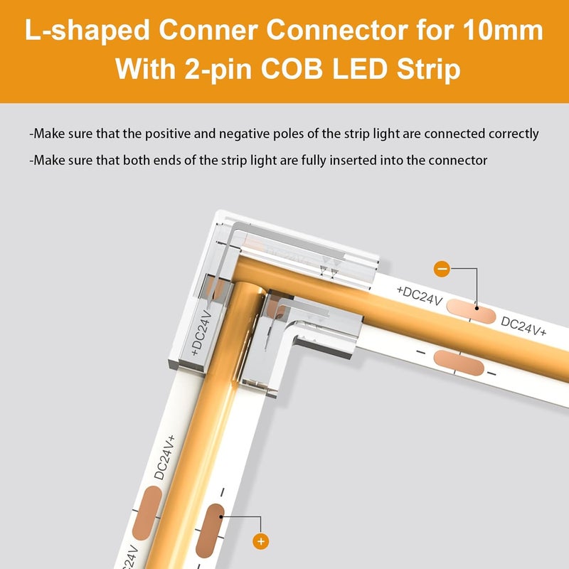 VISDOLL 10mm 2Pin COB LED Light Strip Connectors 20pcs L-Shaped/Corner Connector Transparent Gapless LED Tape Light Connectors, No Dark Area for DIY COB/SMD Strip Lights - Image 4